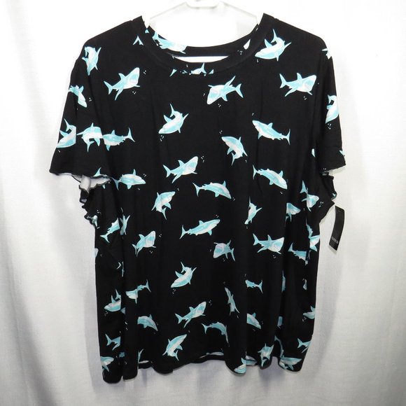 Torrid Sleep Plus Size 2X Black Shark Print Flutter Sleeve T-Shirt - Picture 2 of 6